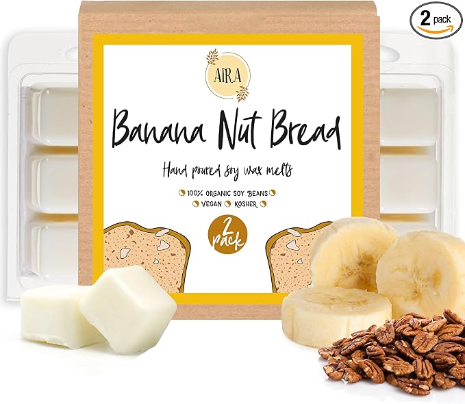 Aira Soy Wax Melt - Organic, Vegan, Kosher, Scented Soy Wax Cubes w/Essential Oil Blends - No Chemical 100% Soy Tart for Electric/Tealight Melters - Hand-Poured Soy Tarts - Banana Nut Bread - 2 Pack