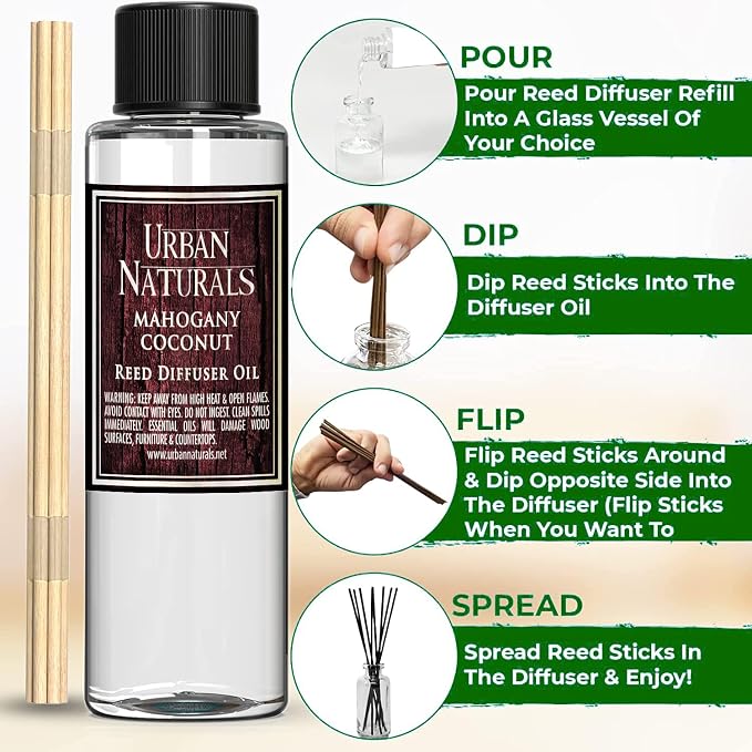 Urban Naturals Reed Diffuser Oil Refill, Mahogany Coconut Diffuser Oils with Sandalwood, Coconut, Oakmoss, 4 oz + Free Reed Sticks, Made in the USA