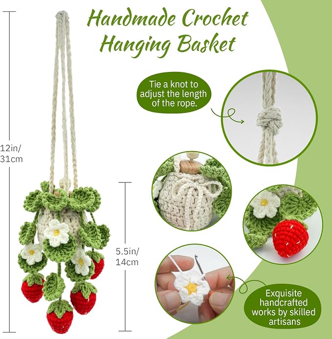 Crochet Car Air Freshener, 15ml Empty Refillable Oil Diffuser Bottle with Hanging Crochet Strawberry Plant for Car Rearview Mirror Air Freshener Diffuser for Home, and Office Decor