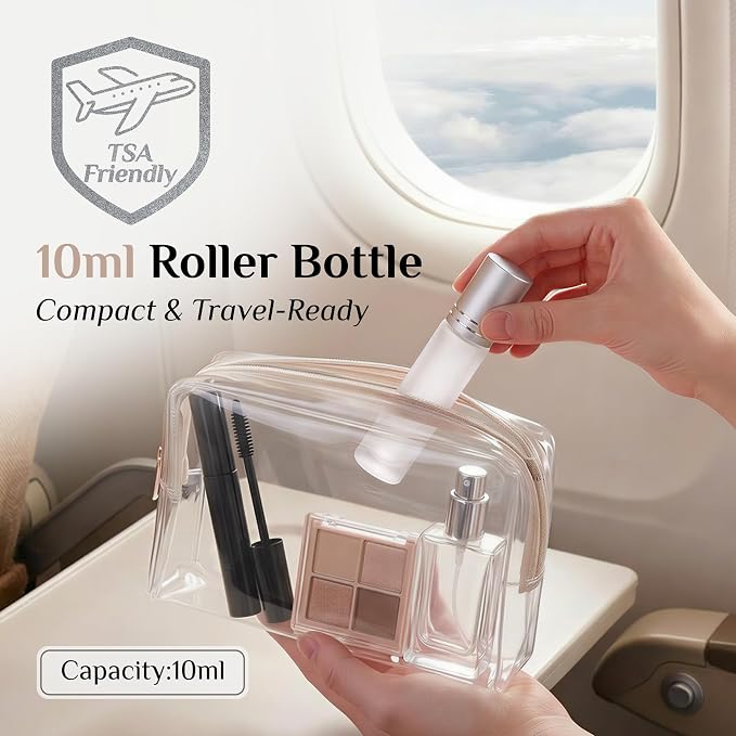 PrettyCare 4 Pack, 10 ml Essential Oil Roller Bottles with Stainless Steel Roller Ball - Refillable Leak-proof Empty Thick Frosted Glass Roll on Bottles with Silver Caps for Travel, Perfume