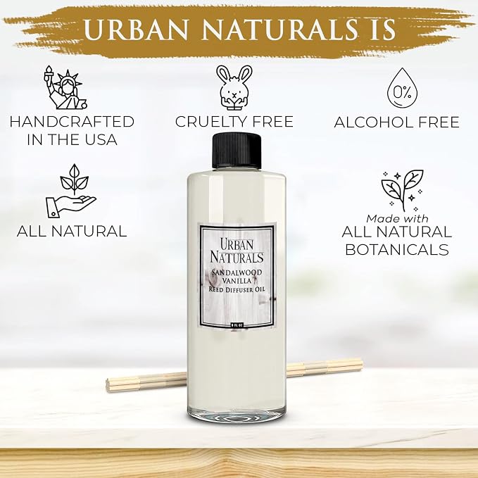 Urban Naturals Reed Diffuser Oil Refill Sandalwood Vanilla with Tahitian Vanilla, Bourbon Notes 8 oz + Free Reed Sticks, Made in the USA
