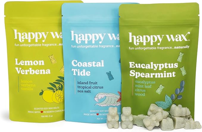 Happy Wax Best Sellers Collection: Natural, Non-Toxic Scented Soy Wax Melts – Total 6oz Variety Pack: Lemon Verbena, Coastal Tide, Eucalyptus Spearmint