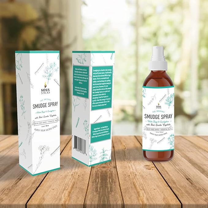 SOUL STICKS White Sage & Eucalyptus Smudge Spray – 3.5oz Smokeless Energy Mist with Quartz Crystals – Essential Oil Spray for Focus, Clarity, Aura Cleansing, Meditation, and Home Refreshing