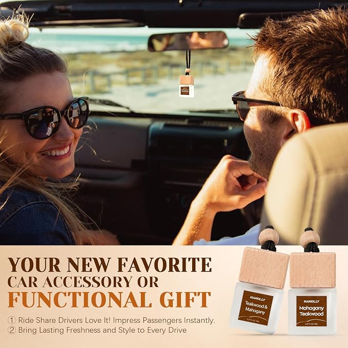 Hanolly Car Air Freshener Hanging 2 Pack, Teakwood & Mahogany Essential Oil Diffuser for Car, Cute Air Fresheners, Long-Lasting Fragrance, Car Air Fresheners for Women & Men Gift,