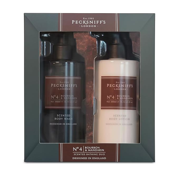 Pecksniffs Mens Bathing Duo Collection – Bourbon & Mandarin Scented Body Wash and Body Lotion Gift Set, 2 x 250ml
