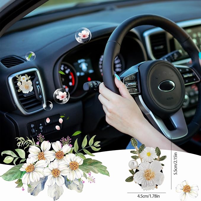 ORIESSE Flower Car Accessories,2pcs White Daisy Bouquet Air Freshener Vent Clips,Car Interior DashBoard Decorations Aesthetics for Women,Refillable Aroma Diffuser