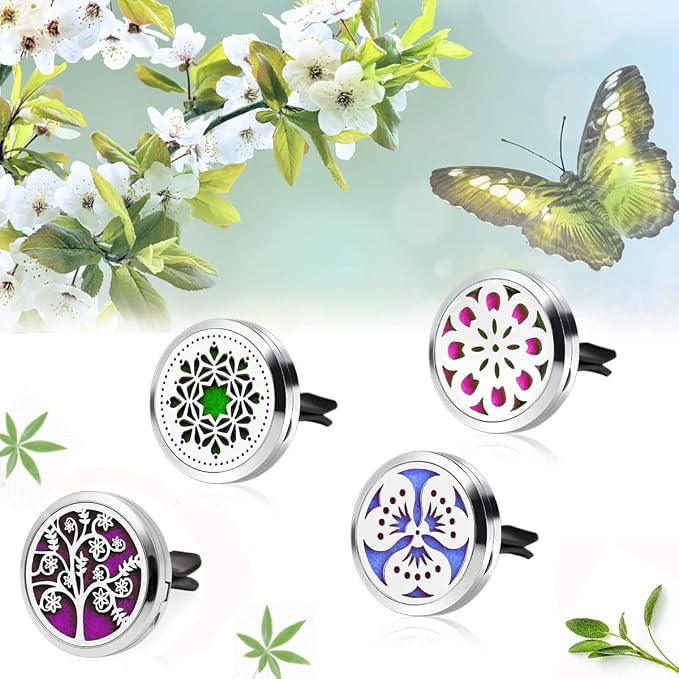 Car Diffuser Vent Clip, 4 Packs Aromatherapy Essential Oil Car Diffuser Vent Clips Magnetic Locket Scent Diffuser with 48 Refill Pads (3 Flowers and Tree)