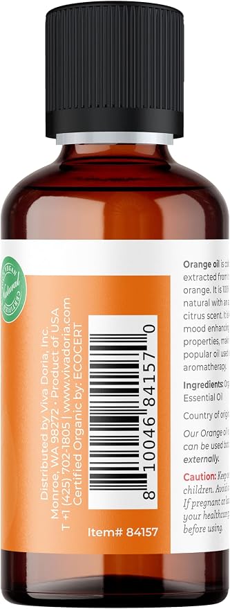 Viva Doria Orange Essential Oil, USDA Certified, Organic Orange Oil, 100% Pure, Natural Essential Oil, Undiluted, for Aromatherapy | Food Grade, 30 mL (1 Fluid Ounce)