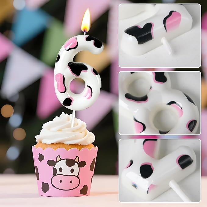 Number 6 Birthday Candle for Cake – Cow Print Design in White Black Pink – Farm Theme & Cowgirl Party Cake Topper Decoration