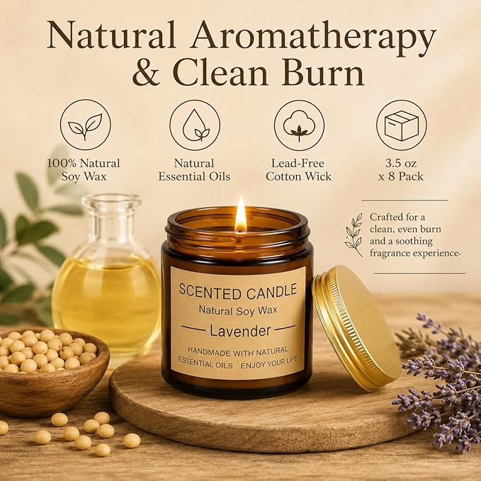 8 Pack Scented Candles, Natural Soy Wax with Elegant Packaging - Reassuring Gifts for Women and Men, Suitable for Valentine's Day, Mother's Day and Christmas