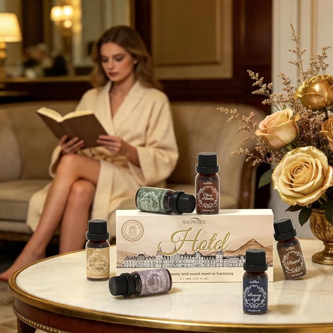 Hotel Essential Oil Set Collection—Santal, Luxury Night, White Tea & Thyme, Gardenia Bloom, Dream Walk, Citrus Amber, Essential Oils for Diffuser, Candle & Soap Making, Fragrance Oils Scents