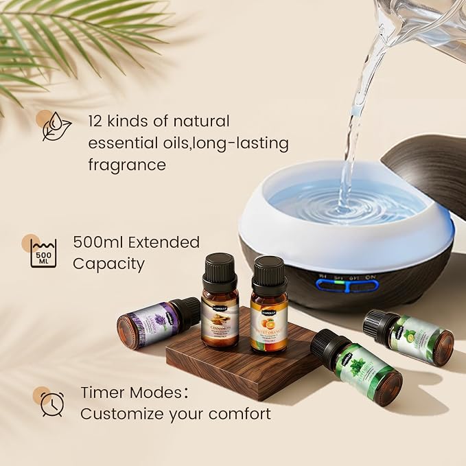 Hanolly Essential Oil Diffuser for Home, 500ML Aromatherapy Diffuser Humidifier with 12 Essential Oils, 7 Color LED Lights, Quiet Cool Mist Diffuser for Bedroom, Office