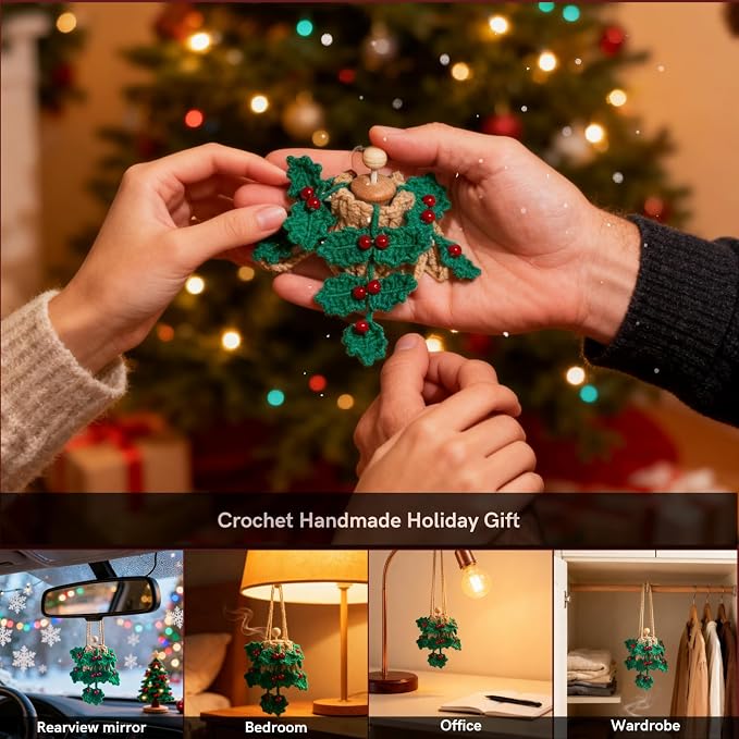 ROFIGL Handmade Crochet Car Air Freshener - Crochet hanging holly plants with 12ml Empty Refillable Oil Diffuser Bottle, Green Car Accessory for Mirror Decor and Home Decor