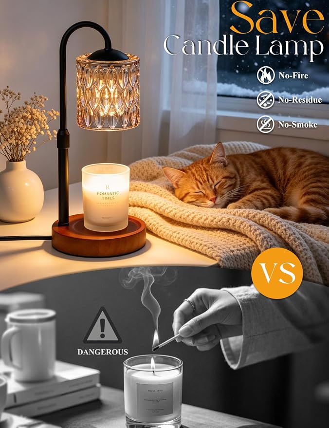 Briever Dimmable Candle Warmer Lamp with Timer, Height Adjustable Electric Candle Wax Warmer, Birthday Gifts for Women Mom, House Warming Gifts New Home Decor, Solid Wood Base, Walnut Champagne
