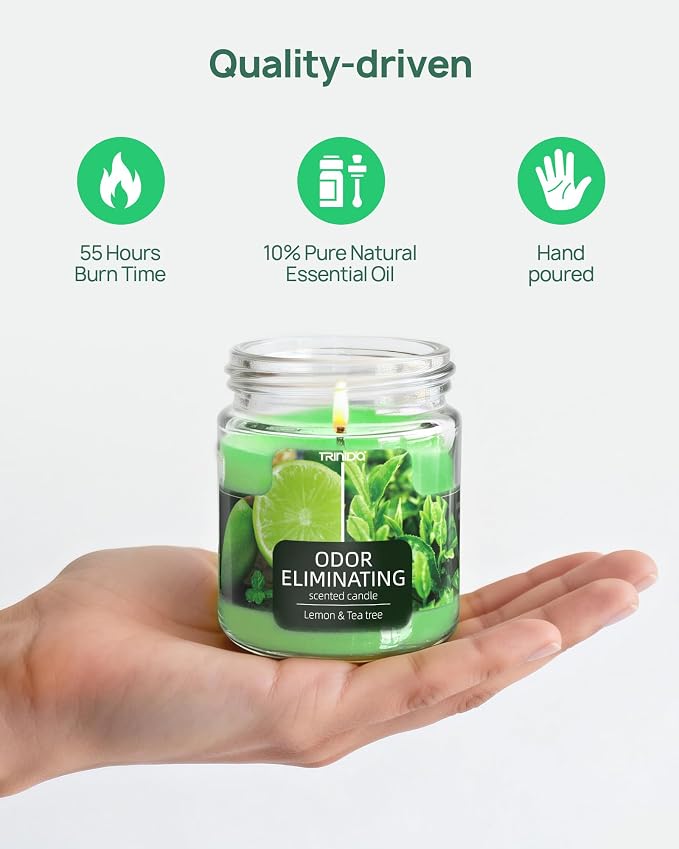 TRINIDa Lemon & Tea Tree Odor Eliminating Candles for Home Scented, Eliminates 99% of Pet, Smoke, Food and Other Smells Quickly, Highly Fragranced Candle, Premium Soy Candles Set for Women