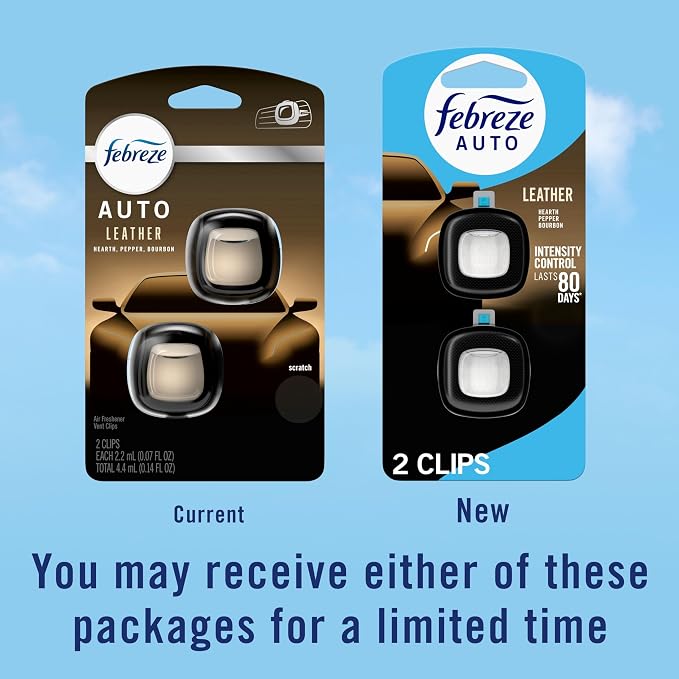 Febreze AUTO Air Freshener, Odor-Fighting Automotive Vent Clip, Scented Car Accessories, Long Lasting for Strong Odors, Leather, 2 Count