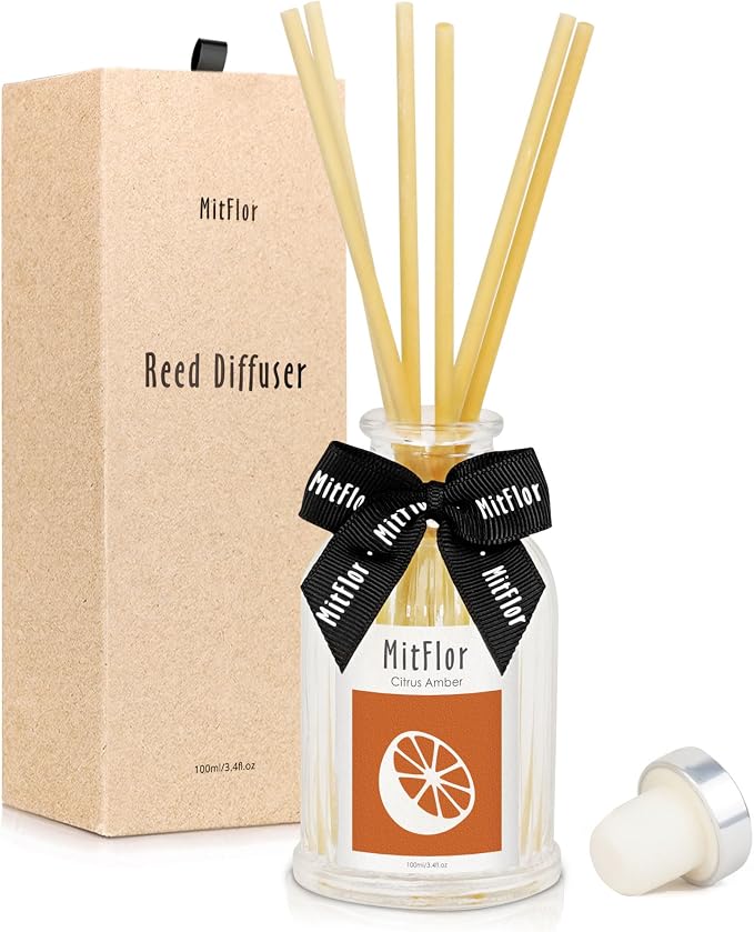 Reed Diffuser Set, MitFlor Citrus Amber Hotel Collection Diffuser 3.4 fl oz, Long-Lasting Fragrance Home & Bathroom Decor, Aromatherapy Diffuser Oil Gift Set