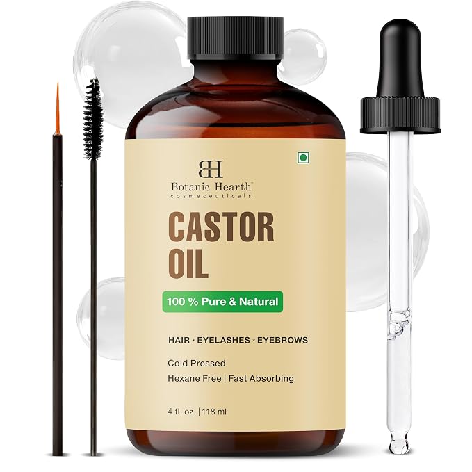 Botanic Hearth Castor Oil & Hair Treatment Oils 4 Fl oz| 100% Pure & Natural, Cold Pressed |For Hair, Eyelashes & Eyebrows | Hexane Free, Fast Absorbing | With Applicators & Dropper | All Hair Types