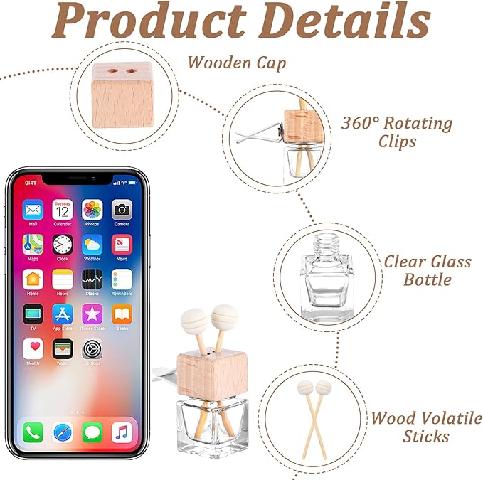 50 Pcs Glass Car Air Freshener Vent Clip Empty Essential Oil Diffuser Bottle Auto Glass Perfume Diffuser with Vent Clip Wooden Cap and Stick for Car Fragrance Ornament (Clear)