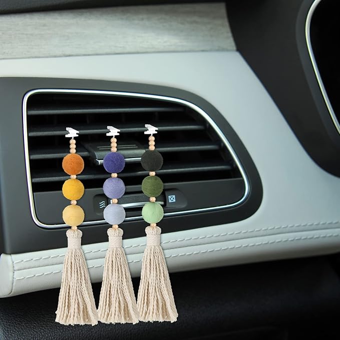 6 Pieces Felt Ball Car Diffuser Essential Oil Car Tassel Hanging Bead Aromatherapy Diffuser Colorful Charm Vent Clips Air Freshener for Decor(Regular Color)