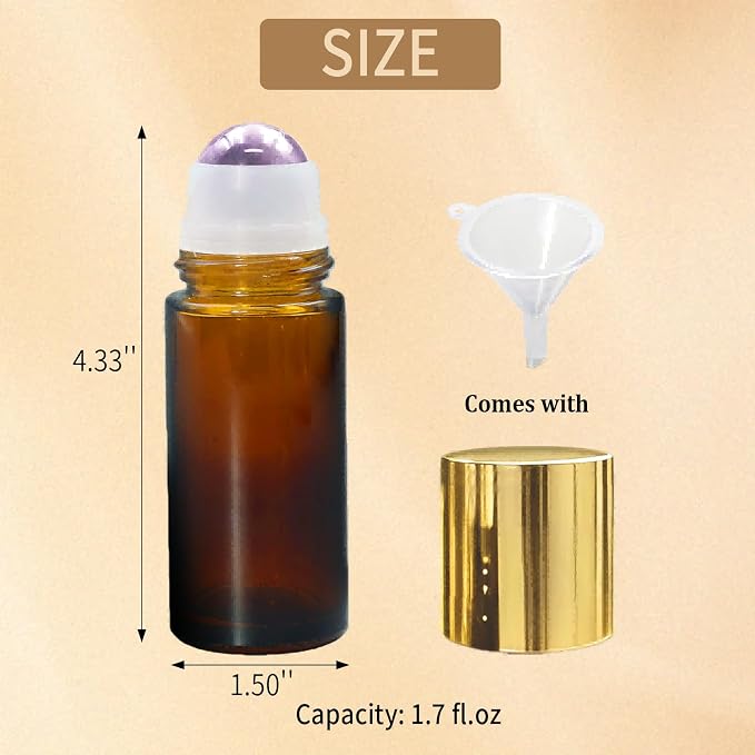 Amethyst Roller Bottles for Essential Oils, 50ml Refillable Amber Glass Roll On Bottles with Natural Crystal Roller Balls, Leak-Proof Travel Perfume Bottle with Gold Caps