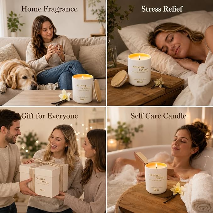 Lanttu Vanilla Scented Candle for Home Decor, 10 oz Natural Soy Wax Jar Candles, 39 Hours Long Lasting Burning Candles for Mom Friend Birthday Housewarming Gift