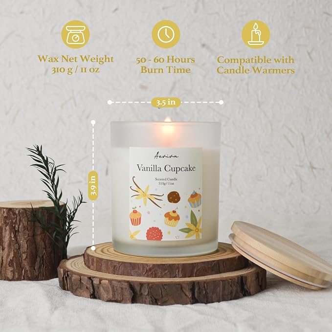 Vanilla Cupcake Scented Candle, 11oz 60 Hour Burn, Natural Soy Wax with Thick Cotton Wick, Highly Scented Aromatherapy Candle for Stress Relief & Meditation, Gifts for Women & Men