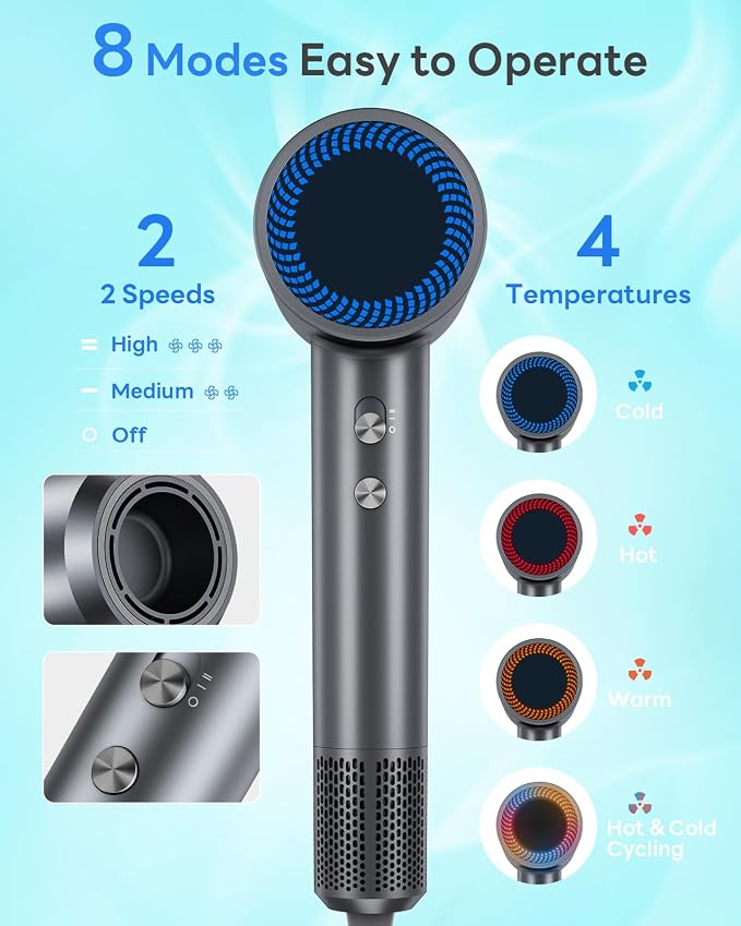Hair Dryer, 110,000RPM Professional High-Speed Blow Dryer with Plasma Ion, Thermo-Control, 4 Heat & 2 Speed, Lightweight & Low Noise, Magnetic Nozzle for Fast Drying at Home, Travel & Salon