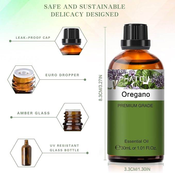 Oregano 1.01fl.oz Essential Oil, PHATOIL Pure Aromatherapy Oils for Diffuser, Humidifier, Perfect for DIY Soap, Candle, Bath Bombs Making(30ml)