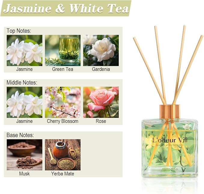 L'odeur Vill Reed Diffuser Set/Jasmine & Lily/3.38 fl.oz（100ML）/1 Pack with 6 Reed Sticks/Home Fragrance Diffuser, Oil Scent Diffuser for Bathroom Shelf Decor.