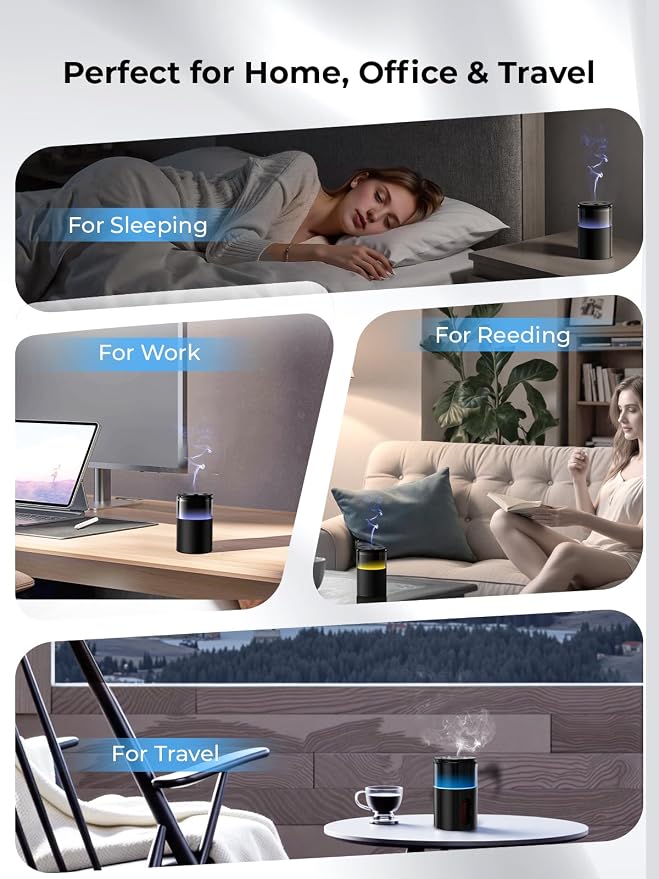 Waterless Essential Oil Diffuser: 𝟗 𝐂𝐨𝐥𝐨𝐫𝐬 𝐋𝐄𝐃 Scent Diffuser for Home&Car&Office - Portable Diffuser with 48H Battery, 4 Timers & 3 Mist Levels, Carbon Black