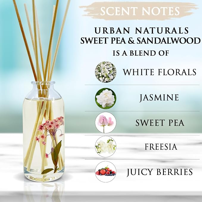 Urban Naturals Sweet Pea & Sandalwood Reed Diffuser Set | Made with Essential Oils & Real Botanicals | White Florals, Jasmine, Sweet Pea, Juicy Berries & Sandalwood | Made in the USA