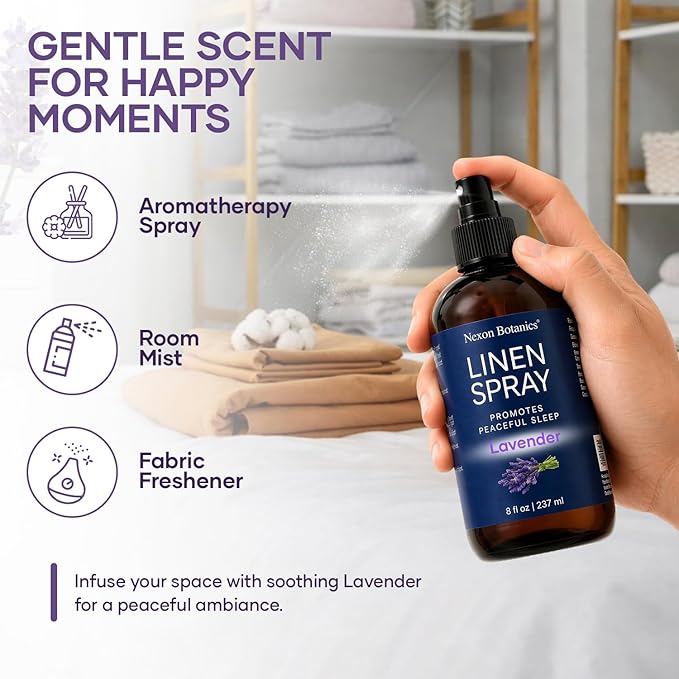 Lavender Linen Spray 8 fl oz - Refreshing Fabric Refresher & Pillow Spray for Bedding, Bed Sheets & Room - Soothing Room Mist - Nexon Botanics