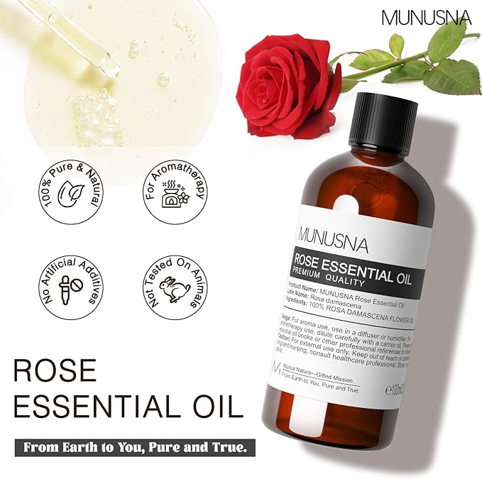 Rose Essential Oil 100ML, 100% Pure Natural Rose Oil for Hair Face Skin Care, Premium Grade Essential Oils for Diffuser, Skin, Care Massage, Yoga, Bath, Soap and Candle Making