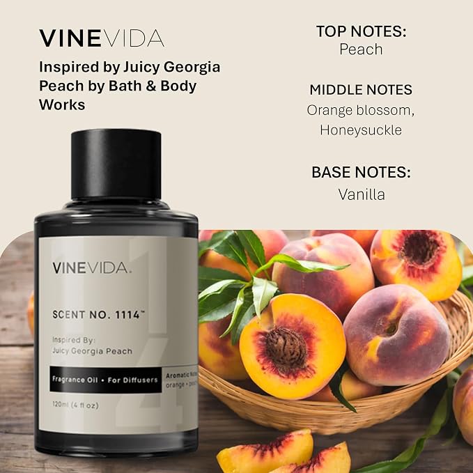 VINEVIDA [4 Fl Oz] Scent NO. 1114 Fragrance Oil for Cold Air Diffusers, Aromatic Notes of Peach, Orange Blossom, Honeysuckle & Vanilla Essential Oils for Diffuser Oil Refill & Air Freshener Spray