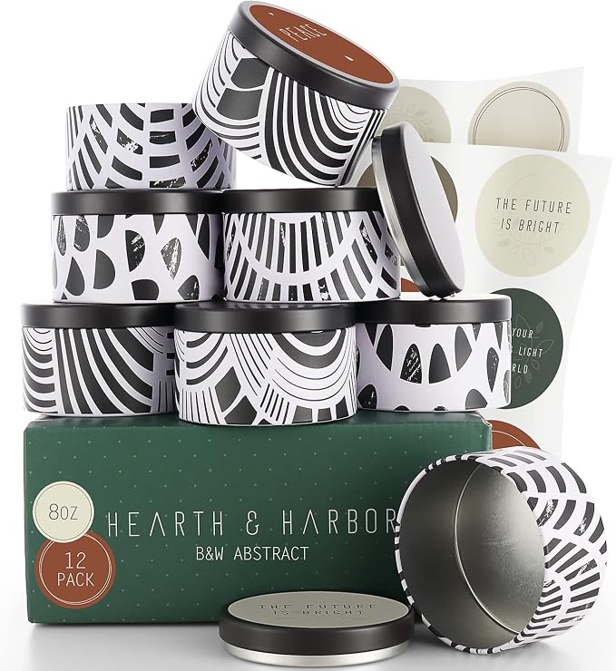 Hearth & Harbor Tin Candle Jars for Making Candles - DIY Candle Containers with Lids - Metal Candle Jars - Bulk Tins Storage for Candle - (12 Pieces) - (8 Ounces) - Black and White Abstract