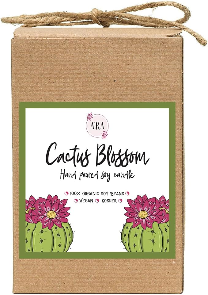 Aira Soy Candles - Organic, Kosher, Vegan, in Mason Jar w/Therapeutic Grade Essential Oil Blends - Hand-Poured 100% Soy Candle Wax - Paraffin Free, Burns 110+ Hours - Cactus Blossom -16 Ounces