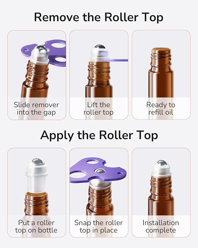 ULG 24-Pack Essential Oil Roller Bottles 10ml, Empty Bottles with Stainless Steel Roller Balls and Waterproof Labels, Amber Roller Balls For Essential Oils