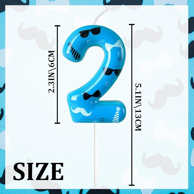 Number 2 Birthday Candle for Cake – Blue Gentleman Style with Sunglasses, Bow Tie & Mustache Design – Cool Cake Topper for Birthday Party Decoration