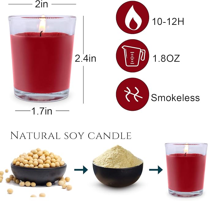 4 Packs Unscented Red Burgundy Colored Votive Candles in Glass, 2 Inch Natural Soy Wax Scentless Candles for Christmas Wedding Party Home Holiday Relaxation Spa, 12-15 Hour Burning Time