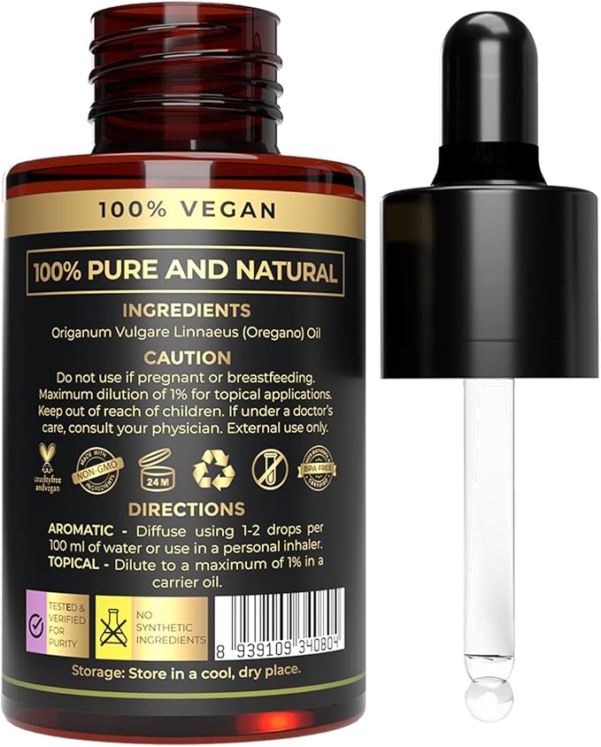 Plant Based Oregano Essential Oil - Oil of Oregano Drops for Skin & Hair Care | Reduce Itchiness & Redness | Plant Based, Gluten-Free - Natural Aromatherapy Oil for Diffusers