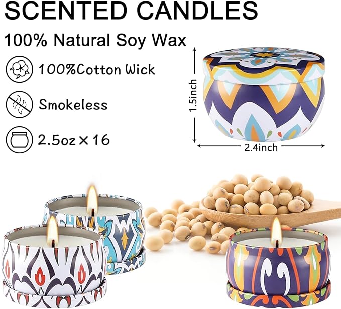 YOROXRG Scented Soy Wax Travel Tin Jar Candles - 2.5 OZ Gifts for Home, Mom - Christmas, Birthday, Thanksgiving, Mother's Day - 16 Pack