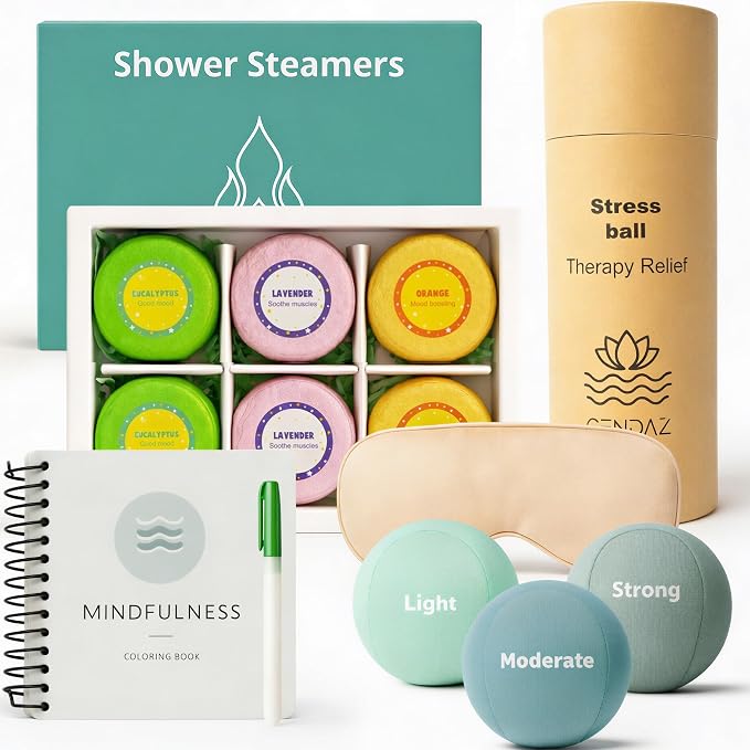 Stress Relief Gifts with Heated Eye Mask, Stress Balls for Adults, Shower Steamers & Adult Coloring Book for sinus relief – Self Care Relaxation Kit, Anxiety Relief Items