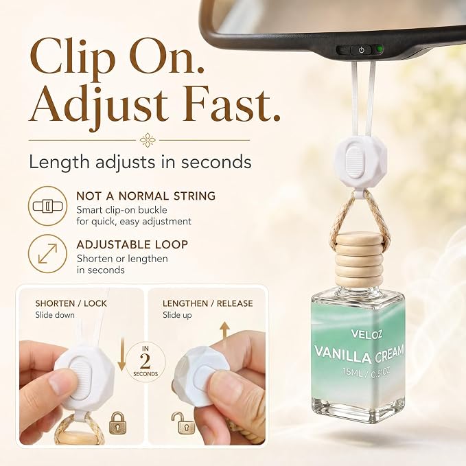 Vanilla Mist Hanging Car Air Freshener Diffuser, 15ml Reed Wick Essential Oil Bottle with Adjustable Rearview Mirror Clip, Long-Lasting Car Scent for Cars SUVs Trucks