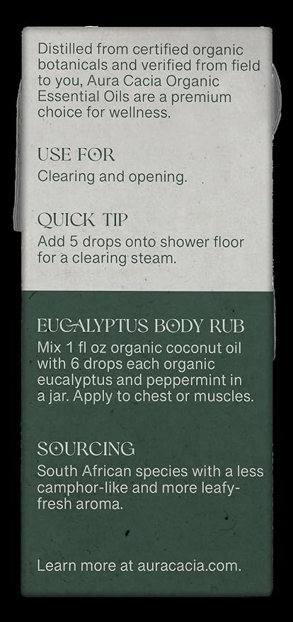 Aura Cacia, Organic Eucalyptus Essential Oil, 0.25 Fl Oz