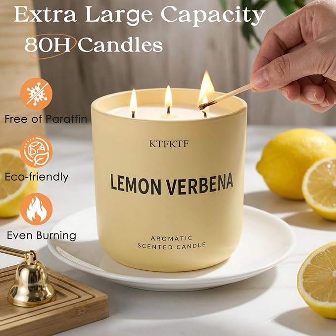 Lemon Verbena Candle, 14.1oz Large 3-Wick Soy Wax Candle, Up to 80 Hours Burn Time, Non-Toxic Aromatherapy Jar Candle with Essential Oils, Citrus Scented Candle for Home