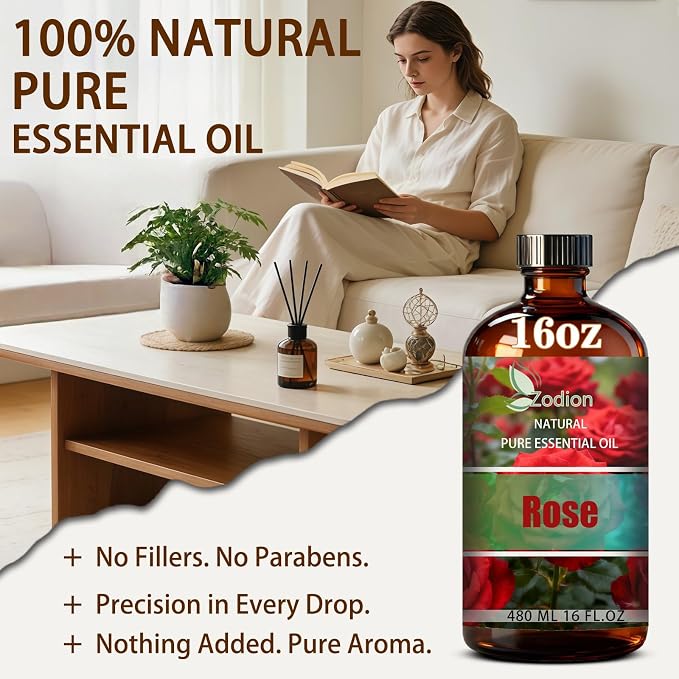 Rose Essential Oil - Rose Fragrance Oil for Diffuser, Massage, Humidifier, DIY Candle, Soap Making, Home, Bath, Yoga - 16 fl oz (480ml) - ZODION Essential Oils