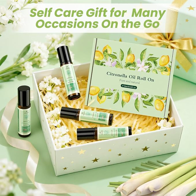 Citronella Oil Roll On for Camping Travel, 4 PCS X 0.34 fl oz Natural Lemongrass Oils, Essentials for Tent Camping, Hiking, Patio,Summer Camp, Camping Must Haves, Gift for Outdoor Lovers