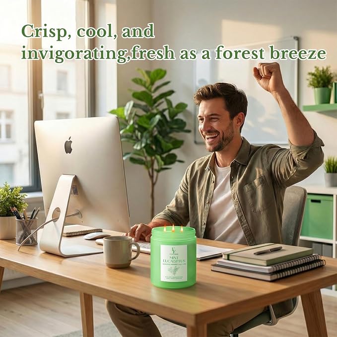 Mint Eucalyptus Large Scented Candle, 3-Wick 22oz Long Lasting Scented Candle, Natural Soy Wax Aromatherapy Candle for Home, Candle Gifts for Women Men