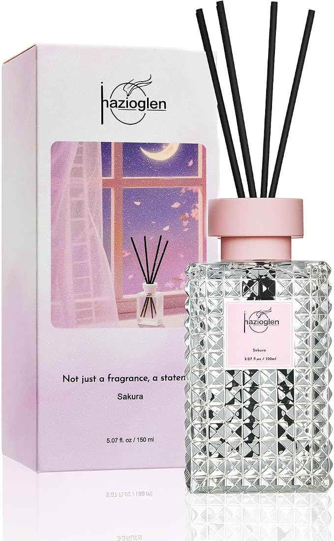 Reed Diffuser Set, Sakura Scented Home Fragrance Air Freshener for Bathroom Shelf Decor, 5.07 fl oz/150ml Essential Oil with Sticks